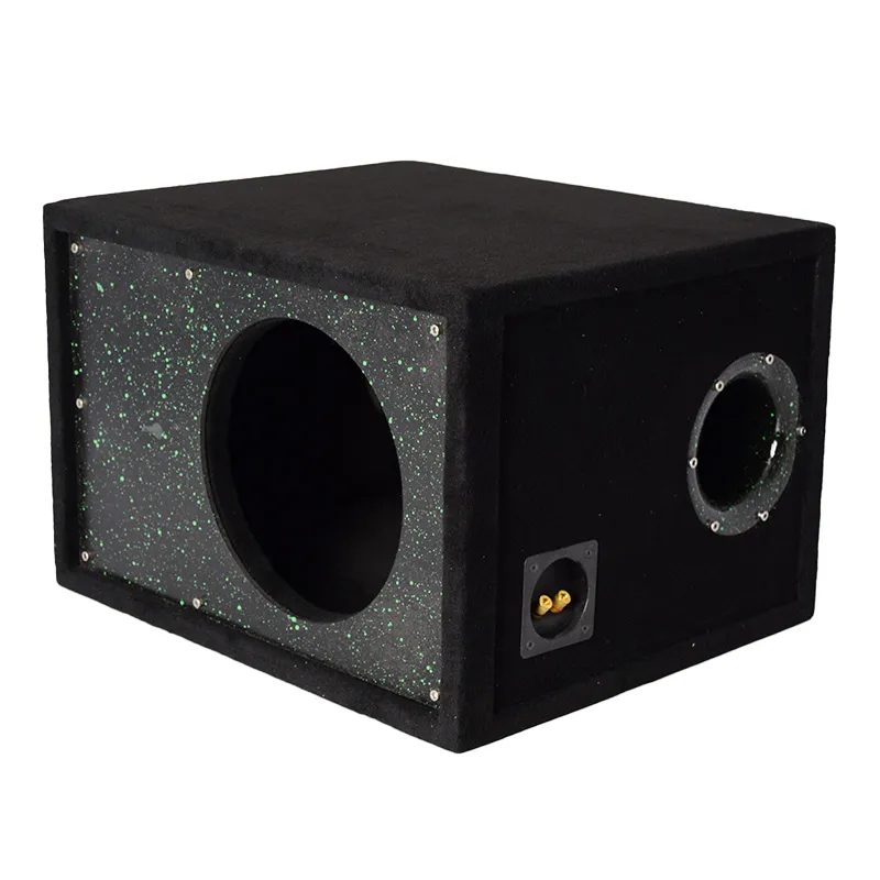 Ящик под сабвуфер 10" люкс с трубой ИСКРА зеленая на черном - фото